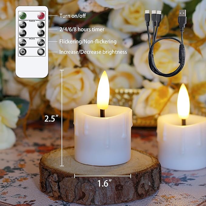 Rechargeable Flameless 1.6" x2.5" Tea Light Candles with Remote & Type-C Charging Cable, Timer LED Flickering White Plastic 9pcs Mini Dripping Wax Votive Tealight Candles