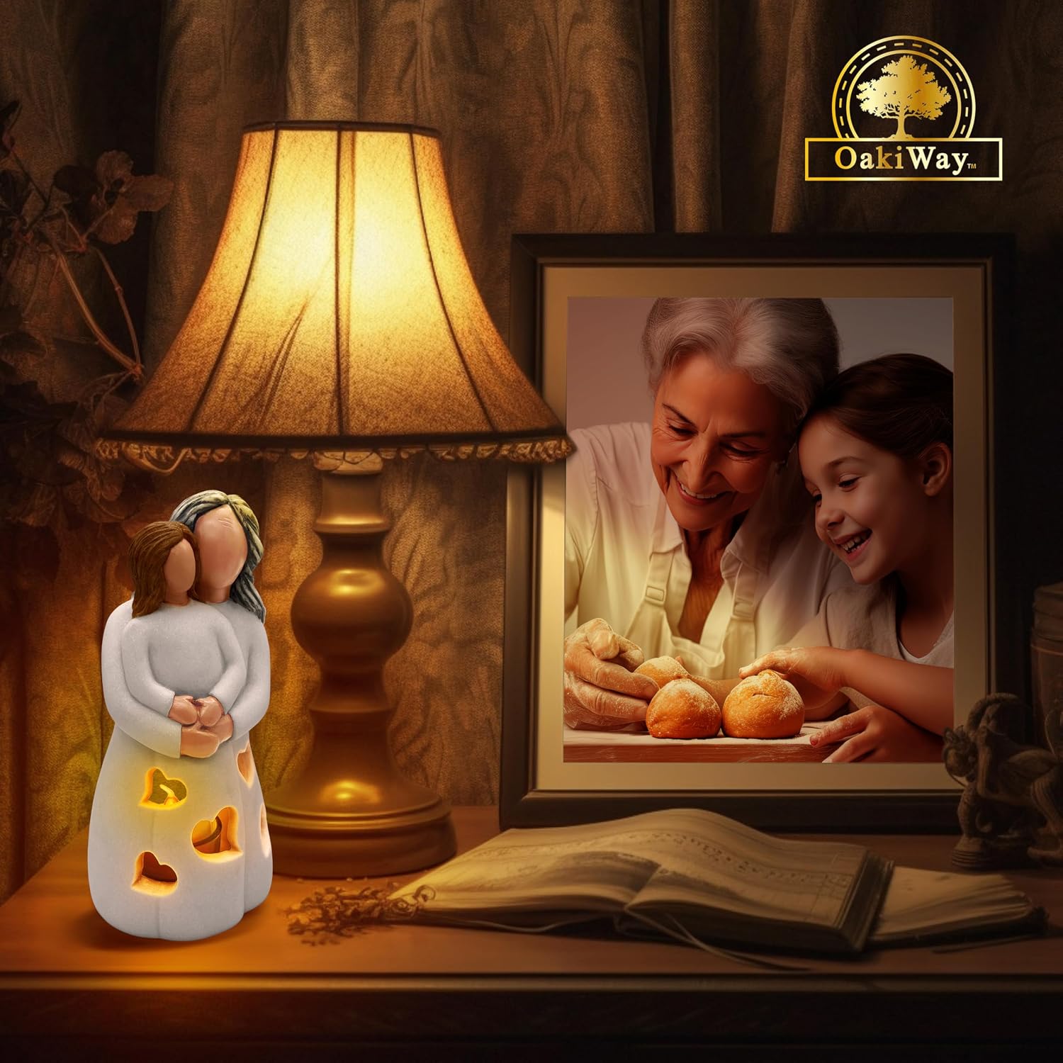 Hand-Painted Grandma-Granddaughter Candle Holder Statue Gift, with Flickering LED Candle | Gigi Grandmother Birthday Gift, Unique Nana Present Ideas for Christmas, Greeting Card Included