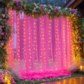 10×10ft Hot Pink Tulle Backdrop Curtain with Lights String for Parties, Sheer Photo Backdrop Curtains for Wedding Party Photography Background