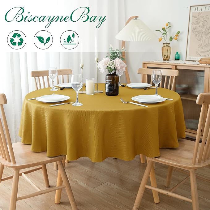 Biscaynebay Round Christmas Tablecloths 60" for Round Tables diameters from 28" to 48", Gold Textured Fabric Water Resistant Folding Table Covers Washable for Dining, Kitchen, Wedding, Parties etc