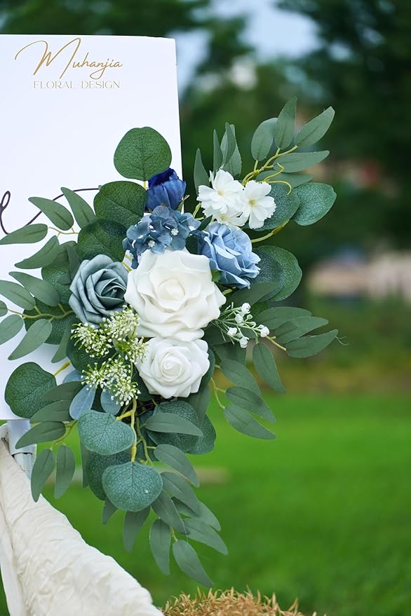 Wedding Sign Faux Flower Swag (Pack of 2) for Ceremony Party Reception Entrance Floral Decor Wall Easel Stand for Wedding Poster Welcome Sign(Blue)