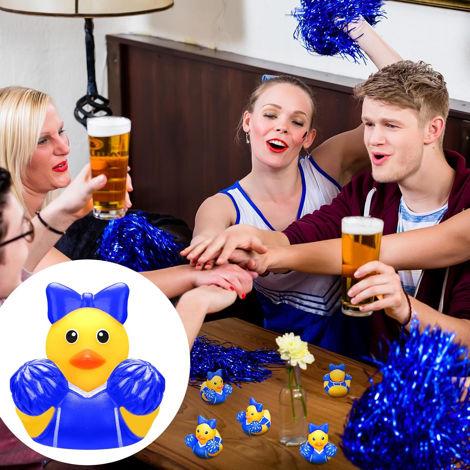 MiniInflat 12 Pcs Cheer Team Gifts Bulk Cheerleader Mini Rubber Ducks with Bows Cheer Party Favors Ducks Cheerleading Competition Gifts Accessories Goodie Bags Stuffers Party Decorations (Blue)
