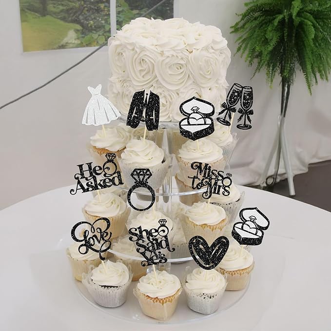 Gyufise 30Pcs She Said Yes Cupcake Toppers Glitter Diamond Ring I Do Love Cupcake Picks Miss to Mrs He Asked Bridal Shower Wedding Engagement Bachelorette Cake Decoration Black