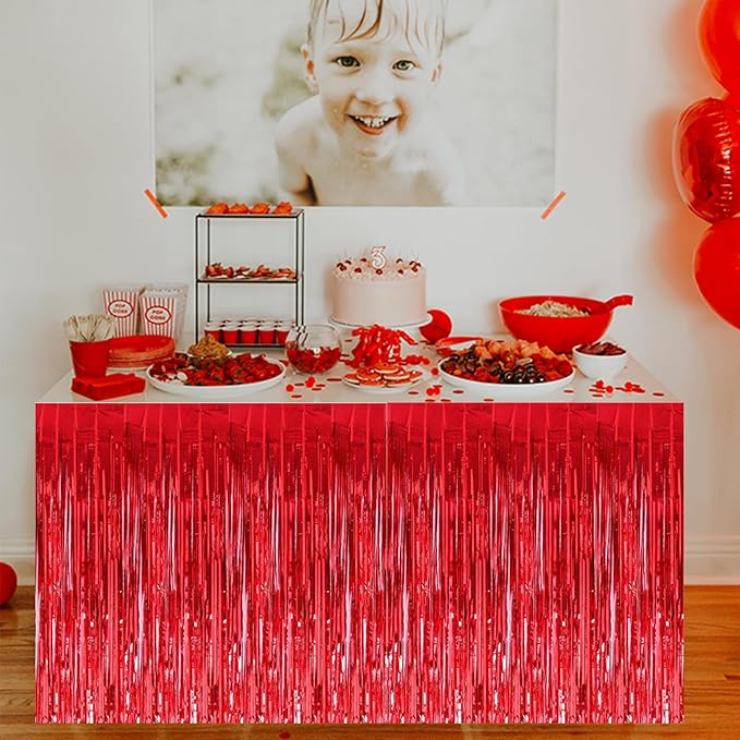 BEISHIDA 2 Pack Red Table Skirts Party Decorations Metallic Tinsel Foil Fringe Decors for Rectangle and Round Table Birthday Valentines Chinese New Year Graduation Congrats 2025 Party