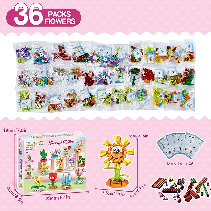36 Packs Party Favors Building Blocks, Ideal for Kids Classroom Exchange, Flower Bouquets Building Set, Mini Building Flower Set, DIY Unique Great Brithday Gifts for Girls Womens