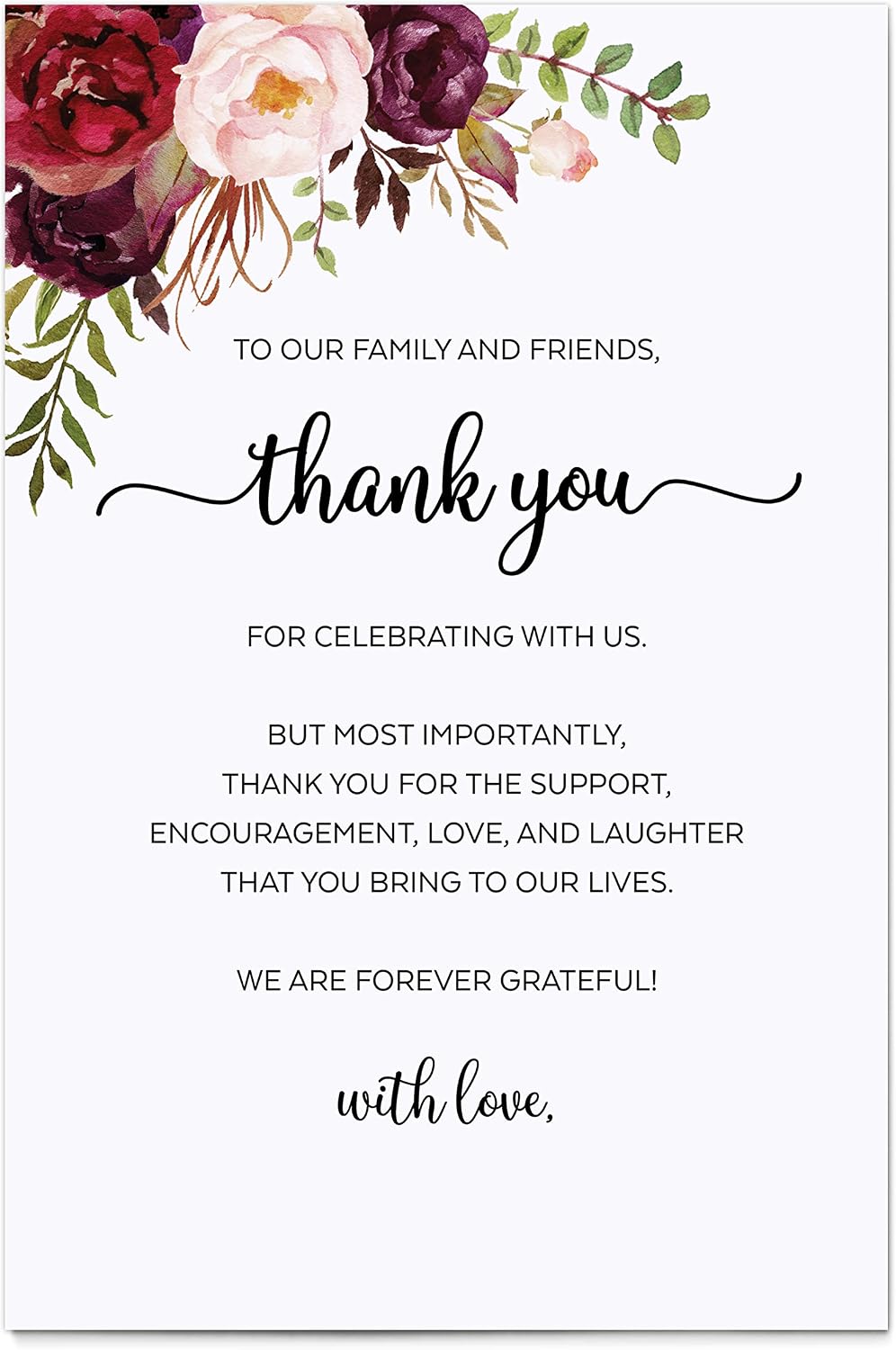 321Done Thank You Place Setting Card with Love, Thank You for Celebrating with Us, 4x6 Table Placecards for Wedding, Watercolor Florals on White, Made in USA, 50-Pack