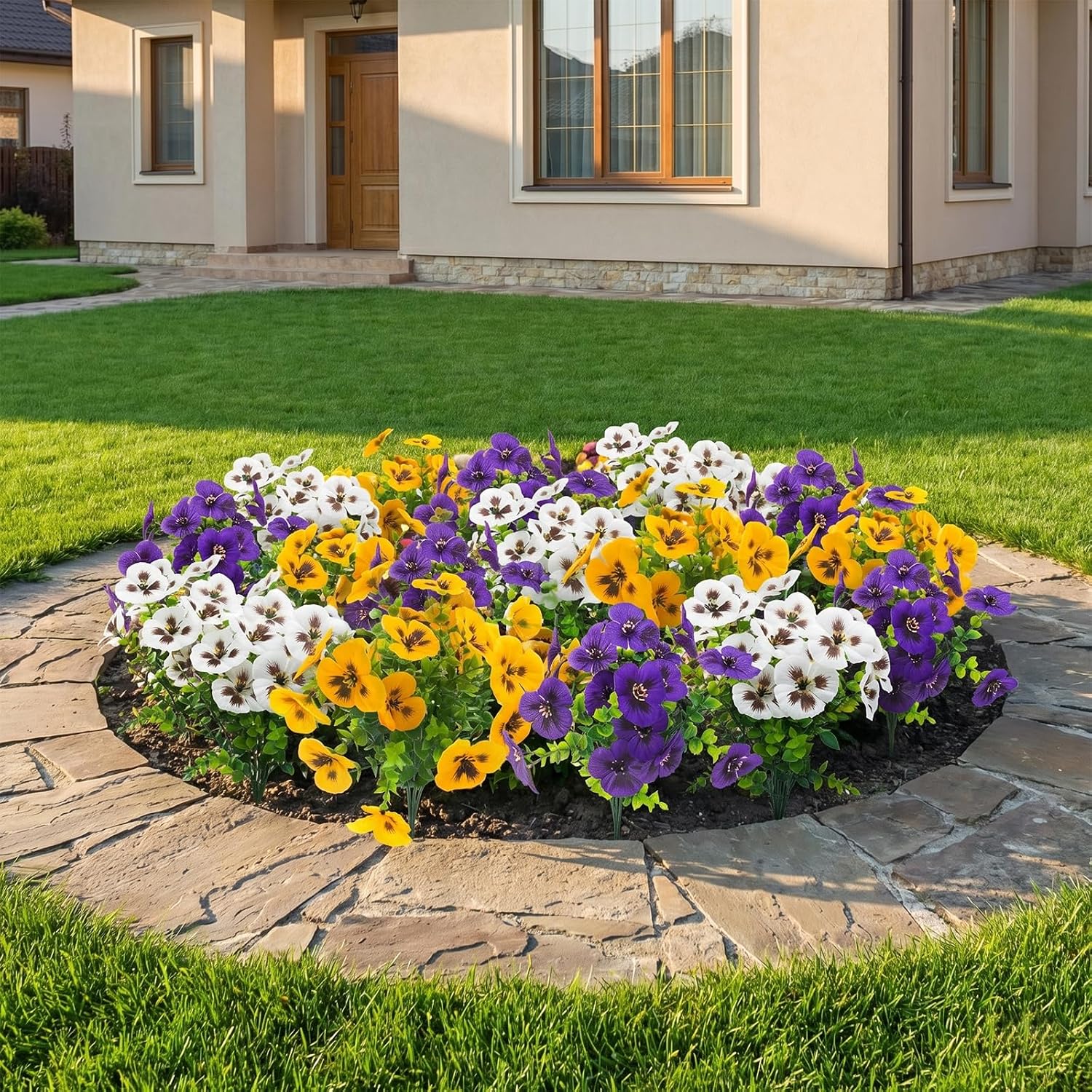 Rowfad 18 Pcs Artificial Fake Pansy Flowers for Outdoor, Faux Silk Pansies Spring Flowers for Outside for Planter Front Door Porch Yard Patio Window Box Home Decor (18, Purple, Yellow, White)