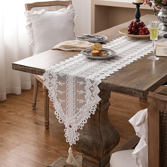 patdrea Designer Vintage White Lace Table Runner,Crochet Decorative Table Covers,Chiffon Embroidered Tasseled Table Runners, Cutwork Dresser Runners,Christmas Wedding Party Bridal 16x87 Inches Long