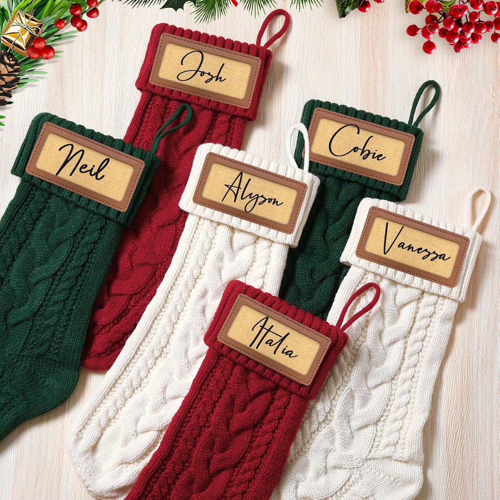 steo spce 4 Pack Personalized Christmas Stocking with Leather Patches Custom Name Family Christmas Stockings, 18.5” Large Knitted Xmas Stockings for Kids, Holiday and Fireplace Party Decoration