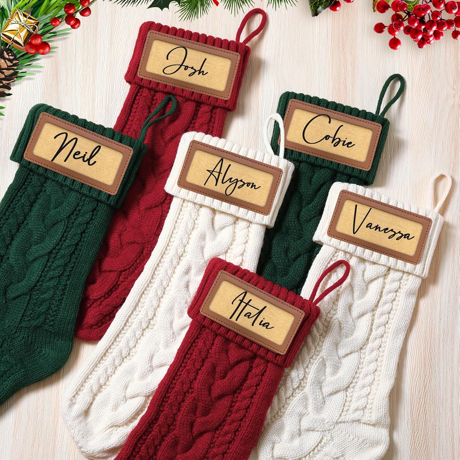 steo spce 4 Pack Personalized Christmas Stocking with Leather Patches Custom Name Family Christmas Stockings, 18.5” Large Knitted Xmas Stockings for Kids, Holiday and Fireplace Party Decoration