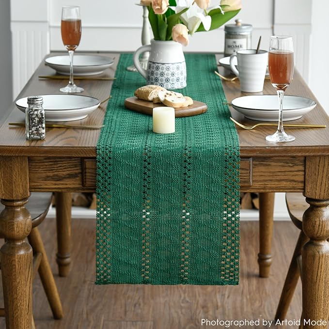 Artoid Mode Dark Green Farmhouse Woven Rustic Hollow Table Runner, Seasonal Holiday Hollow Kitchen Dining Table Decoration for Home Party Decor 12x60 Inch