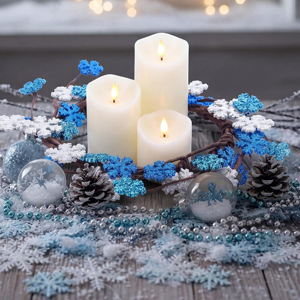 Daifunli 2 Pcs Winter Blue Snowflake Candle Rings Snowflake Wreath Glitter Vintage Wood Wreaths for Pillar 6 Inch Candles Holder for Winter Christmas Rustic Table Centerpiece Decor