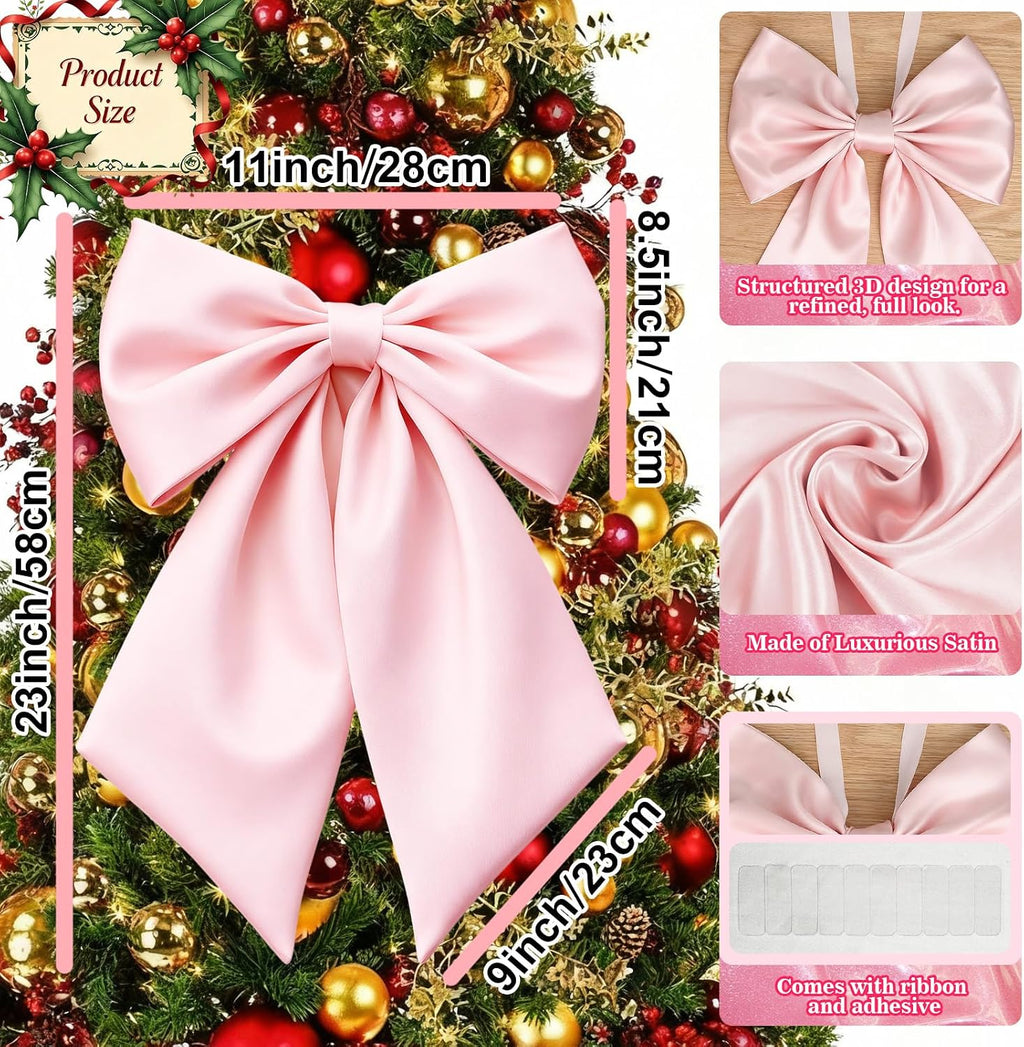 Big Pink Bow Coquette Room Decor, 23x11 Inch Satin Bows Large Pastel Pink Bows Birthday Decorations as Crib Skirt for Christmas Tree Topper Girl Room Xmas Gift Wrapping Bachelorette Baby Shower (3pcs)