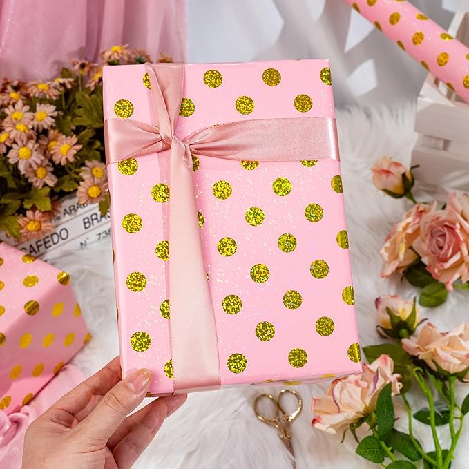 Burymento Pink Holographic Dots Wrapping Paper, Reversible Gold Gift Wrap for Birthday, Valentines, Mothers day, Graduation, Wedding, Fathers day, Baby Shower, Christmas (17in x 16.4ft)