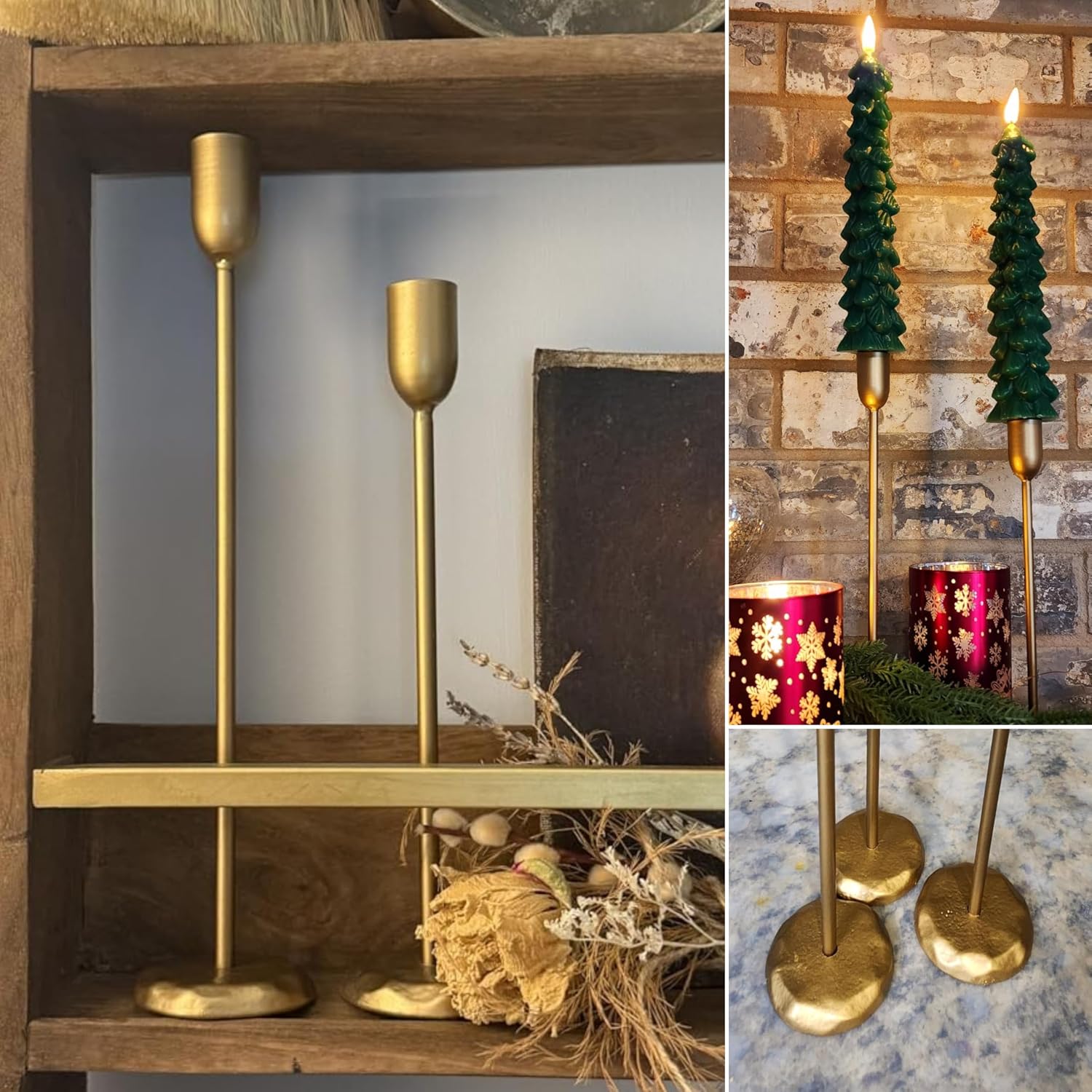 Perfnique Brass Candlestick Holders Set of 3 - Antique Gold Iron Candle Holders for Christmas, Birthday, Wedding, Party, Dining Table, Fireplace Mantel Decor