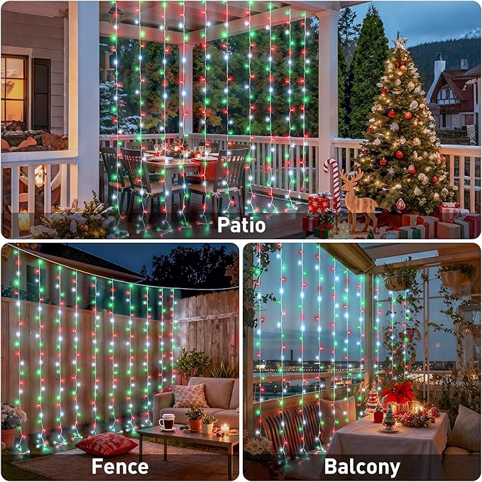 JMEXSUSS 300LED Red White and Green Christmas Curtain Lights with Remote, Indoor Christmas String Lights Plug in, Hanging Twinkle Lights for Bedroom Window Wall Yard Outdoor Xmas Decor, 9.8x9.8ft
