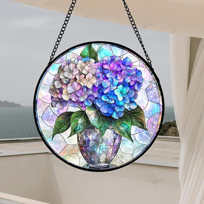 Stained Glass Window Hanging, Blue Purple Hydrangea Flowerpot Suncatcher for Doors Home Sun Catchers Decoration and Christmas, Mother's Day Birthday Gifts for Women, Men, and Mom 14.9 in