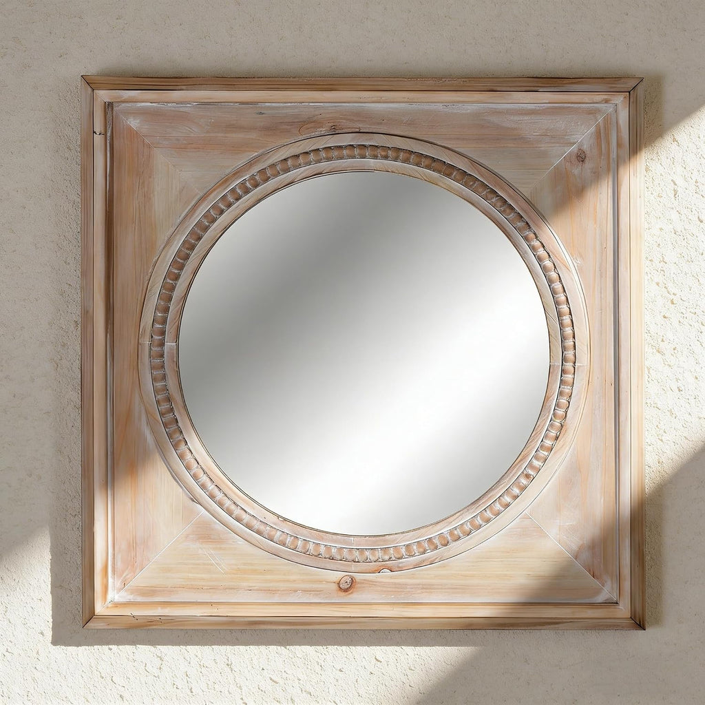 rustic square wood wall mirror with beaded trim, front angle view
