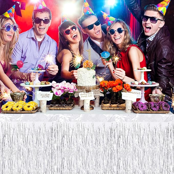 4 Pack 29.5x108 Inch Metallic Foil Fringe Tinsel Table Skirts, Streamer Garland Curtains Backdrop for Rectangle Tables Wedding Birthday Parade Floats Christmas Party Decoration(Silver)