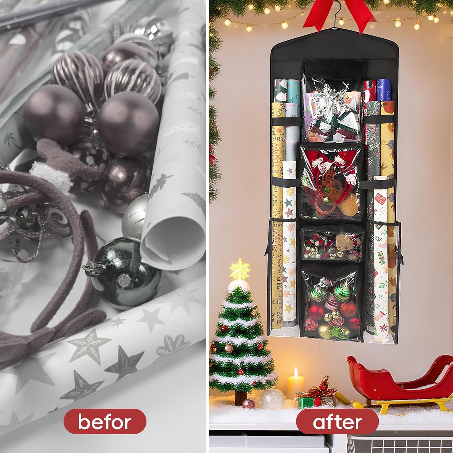 Wrapping Paper Organizer, Double-Sided Hanging, Over Door Gift Wrap Storage with Multiple Pockets, Side Pockets, Elastic Straps, Organize Ribbons, Bows, Tools, Space-Saving Closet,Cabinet Design,Black