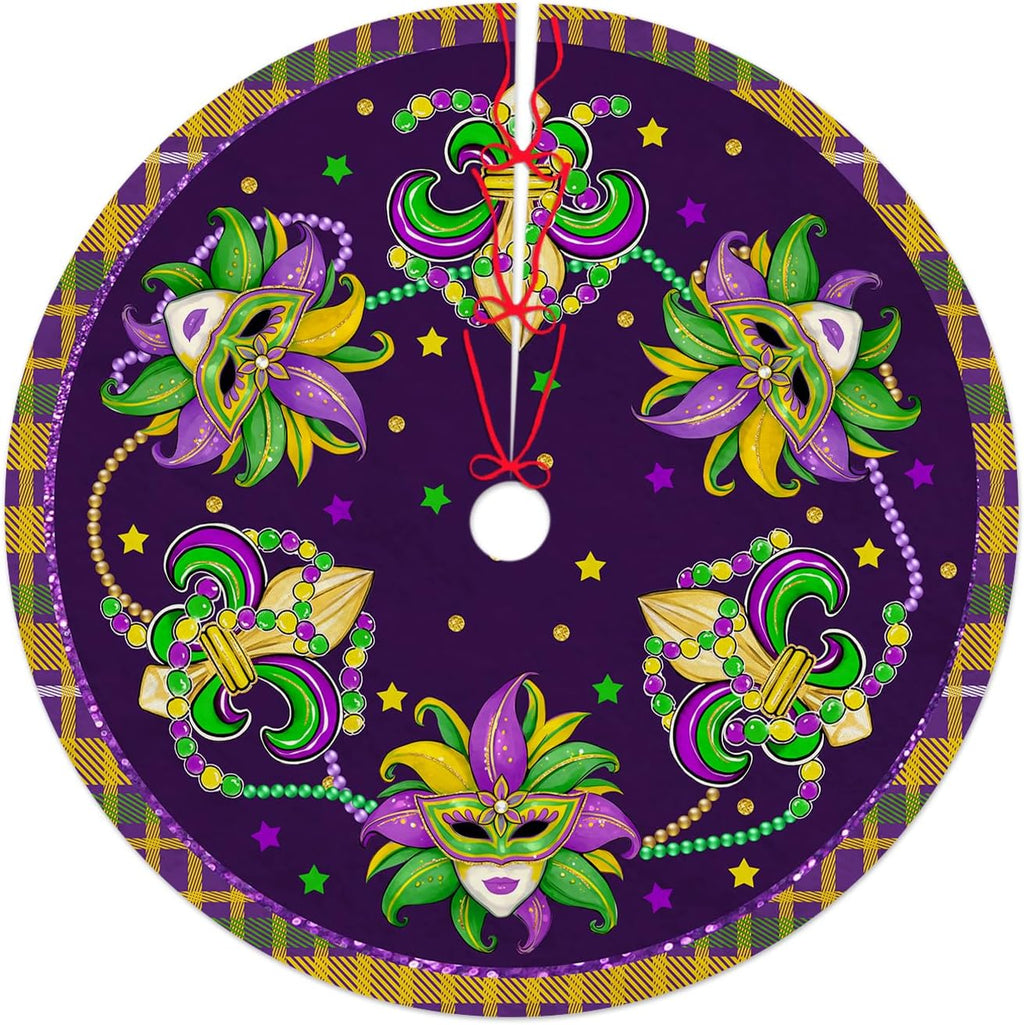 Mardi Gras Tree Skirt 36in - Mardi Gras Christmas Tree Decor Ornament for Mask Beads Feather Purple Carnival Christmas Trees Mat Decorations for Home Holiday Party