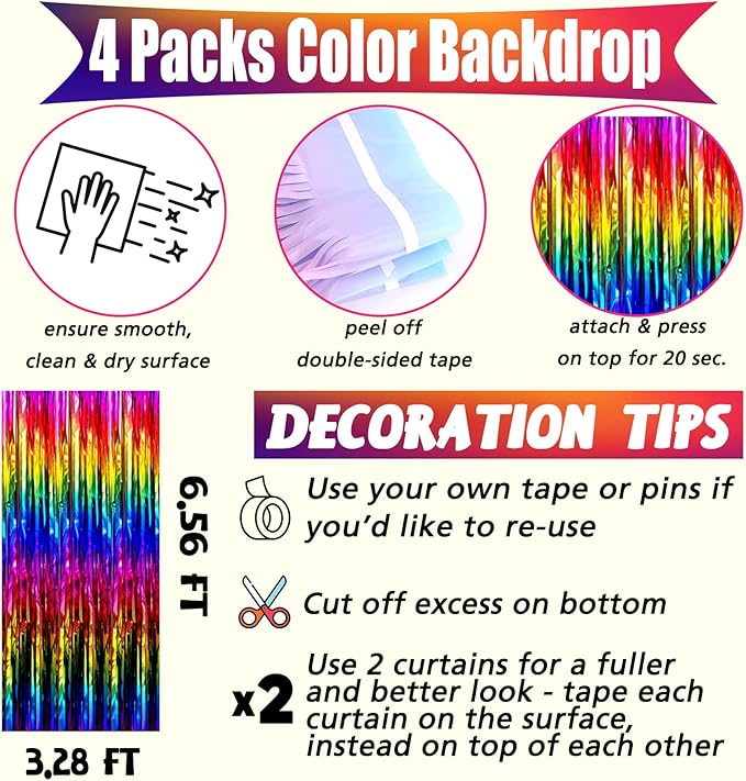 4 Pack Rainbow Fringe Curtain Backdrop, 3.2Ft x 6.6Ft Colorful Metallic Tinsel Foil Fringe Streamers for Photo Booth Birthday Wedding Baby Shower Carnival Easter Mother’s Day Party Decorations