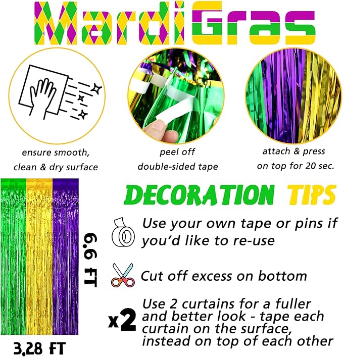 4 Pack 3.2Ft x 6.6Ft Mardi Gras Fringe Curtain Backdrop, Gold Green Purple Metallic Tinsel Foil Fringe Streamers Curtains Background for Photo Booth Birthday Wedding Carnival Party Decorations