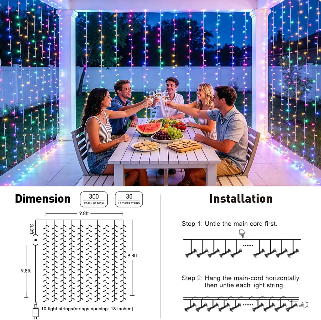JMEXSUSS RGB Curtain Lights, 300 LED 9.8×9.8FT, Color Changing String Lights with APP & Remote Control, 16 Million Colors, IP44 Waterproof, Holiday Lights for Bedroom Party Wedding 4th of July Decor
