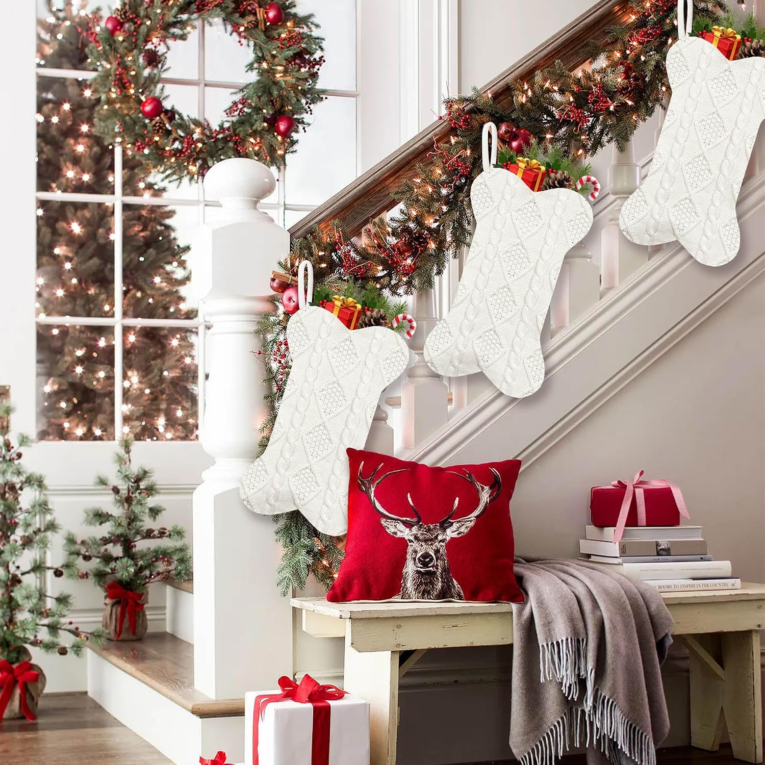 GOYOSWA 2 Pack Dog Christmas Stocking, 18 Inch Large Double Side Knitted Christmas Stocking for Dogs, Bone Shaped Hanging Dog Stockings for Dogs Pets (White & White)