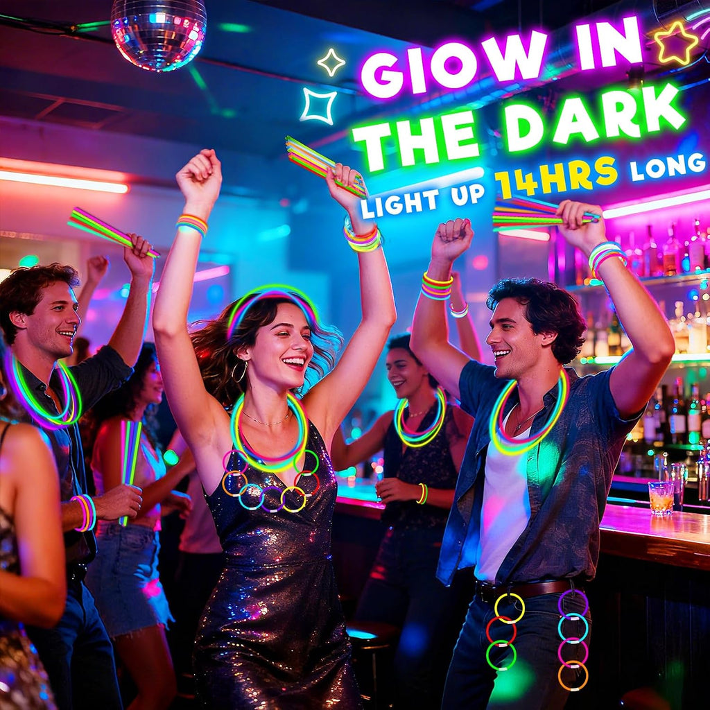 500 Pack Glow Sticks Bulk Party Pack, 8" Glow Bracelets & Necklaces with Connectors, Ultra Bright 14-Hour Glow in The Dark Party Supplies, Neon Party Favors for Birthday 4th of July Pool Party Events