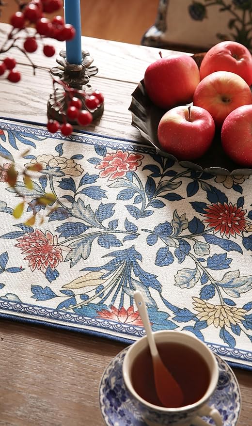 patdrea Designer Blue Cottage Rustic Floral Patterned Linen Table Runner 71 Inch Long,Wrinkle Resistant Table Mat,Decoration for Kitchen Dining and Coffee Tables Banquet Christmas , 12"x71"