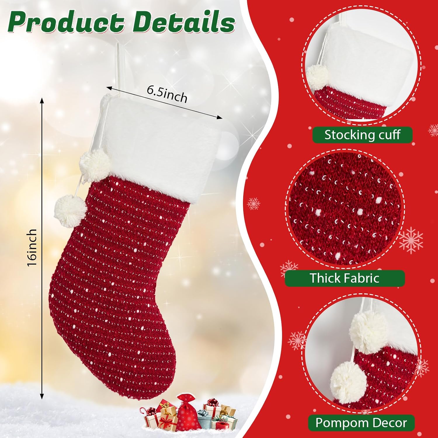 Mostop Christmas Stockings, 6 Pack Cable Knitted Xmas Stockings with Pompom for Xmas Holiday Decor