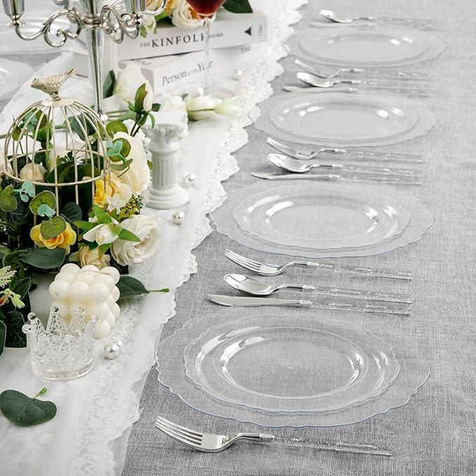 Liacere 150PCS Clear Silver Plastic Plates & Disposable Silver Plastic Silverware with Glitter Bamboo Handle Cutlery-Baroque Clear Disposable Plates for Wedding & Easter day & Mother's Day