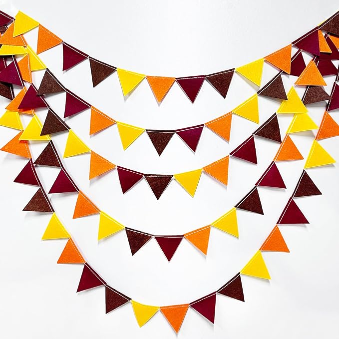 Fall Party Decoration Orange Yellow Brown Burgundy Felt Hanging Triangle Mini Bunting Pennant Banner Flag for Autumn Thanksgiving Harvest Birthday Wedding Baby Shower Party Classroom Nursery Decor