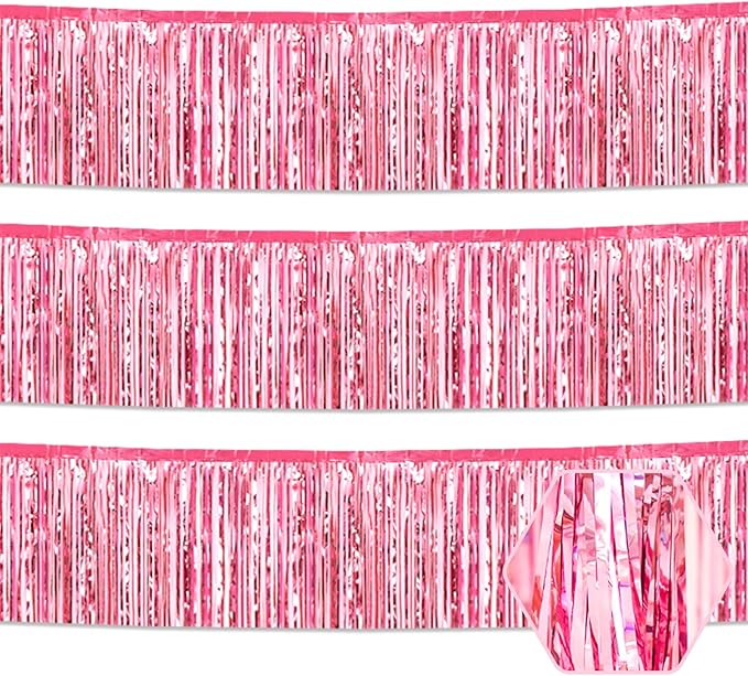 3 Pack 10 Feet Pink Foil Fringe Garland Metallic Tinsel Streamers Banner Wall Hanging Curtain Backdrop for Parade Floats, Christmas Day, Valentine's Day, Thanksgiving, Birthday Party Decorations
