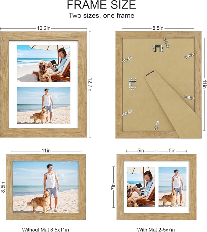 8.5x11 Picture Frame Set of 2, Natural Oak Certificate Document Frames with Glass Collage Frame, Display Pictures Two 5x7 With Mat or 8.5 x 11 Without Mat for Wall Hanging or Tabletop