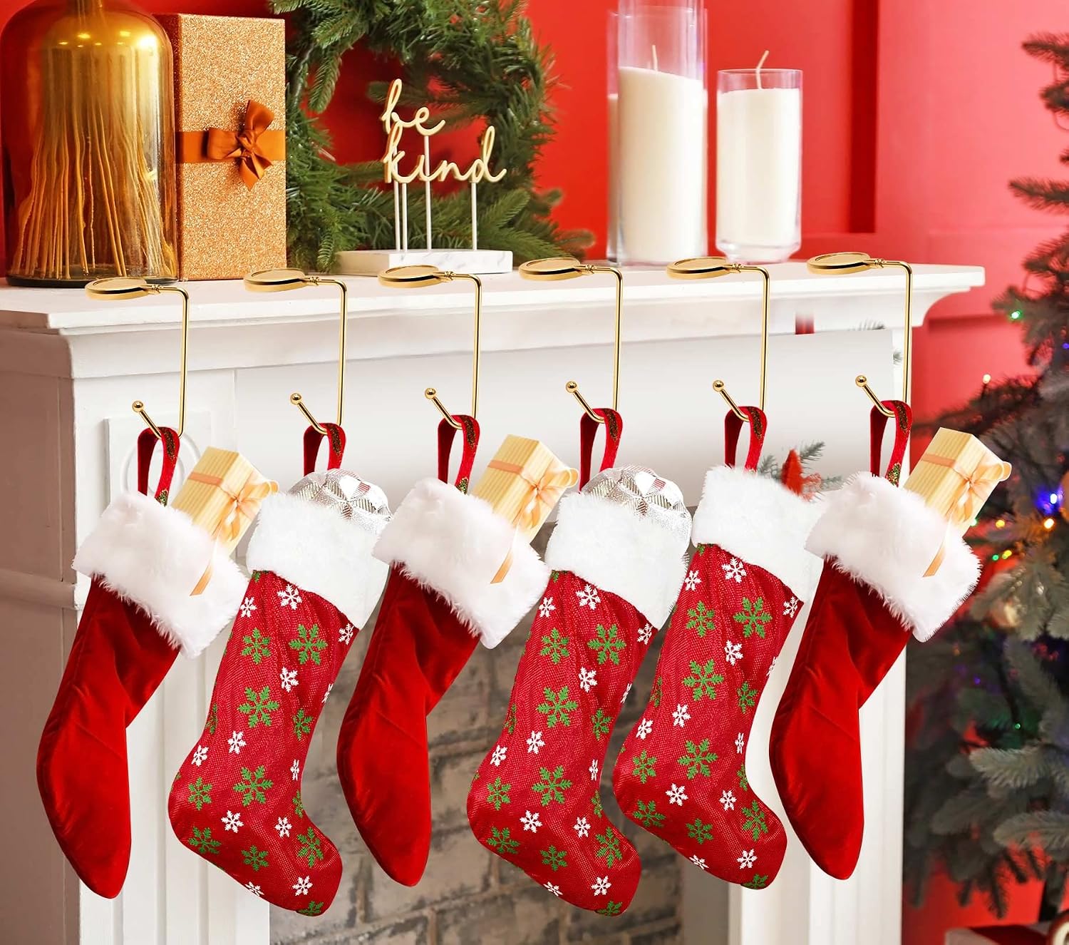 Christmas Mantle Stocking Holders Set of 6 - Upgrade Non-Slip Fireplace Hangers, Lightweight Metal Hooks for Christmas Party Decoration (Gold)