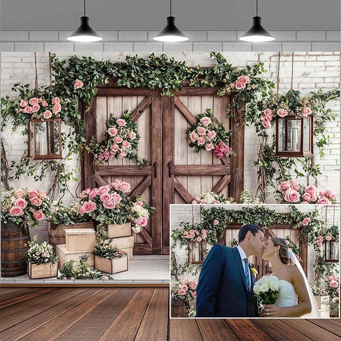 10x10ft Country Wedding Photography Backdrop Floral Rustic Roses Farmhouse Wooden Door Backdrop Pink Flower Birthday Baby Shower Wedding Bridal Party Banner Photo Booth Props Anniversary Background