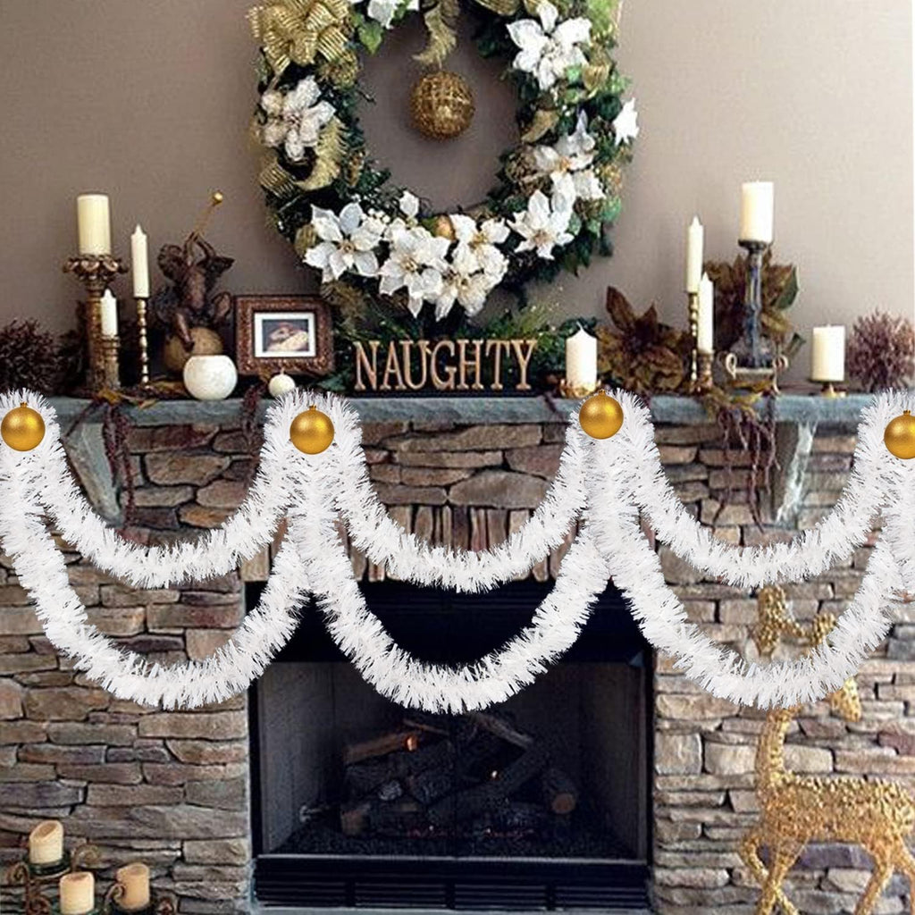FOIMAS 33FT Christmas Tinsel Garland,White Twisted Metallic Hanging Garland for Christmas Tree Fireplace Home Decoration