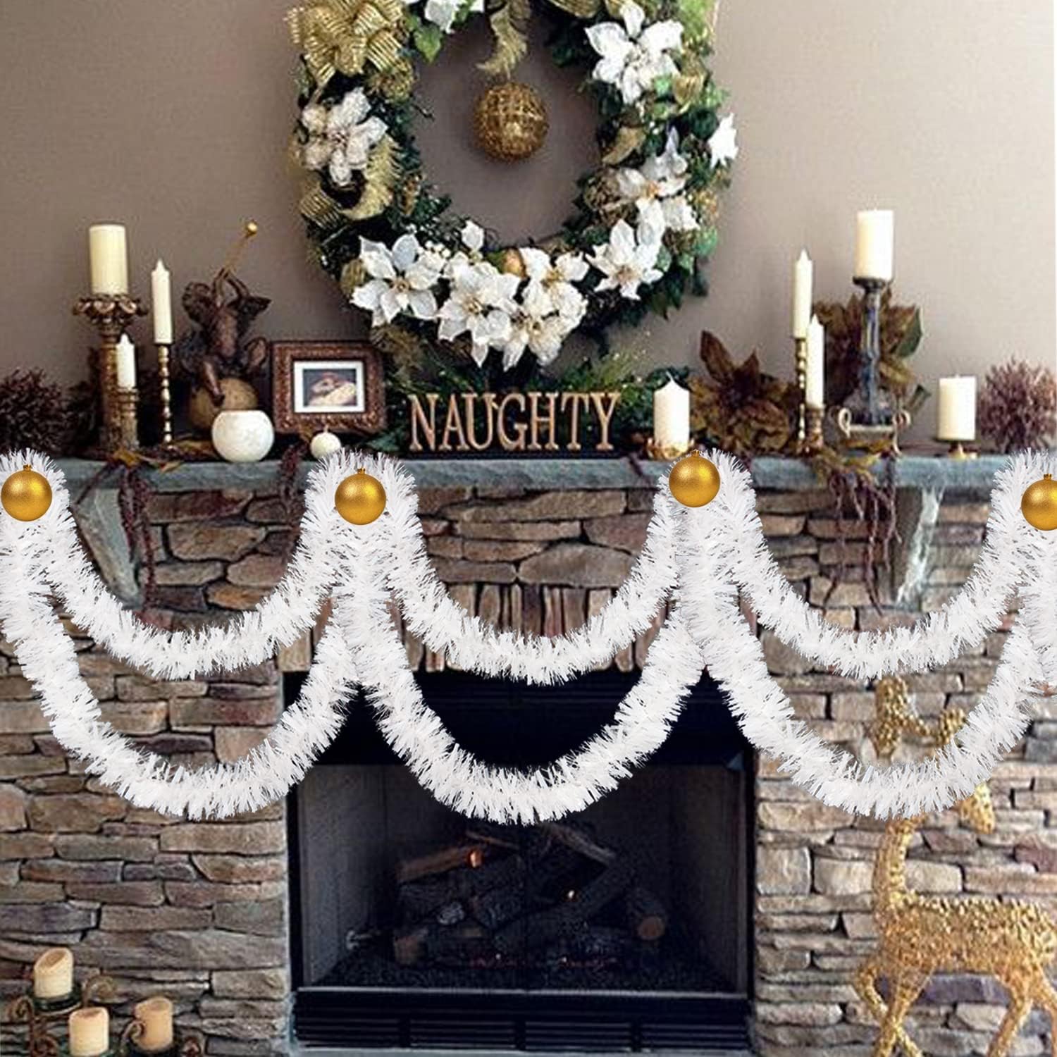 FOIMAS 33FT Christmas Tinsel Garland,White Twisted Metallic Hanging Garland for Christmas Tree Fireplace Home Decoration
