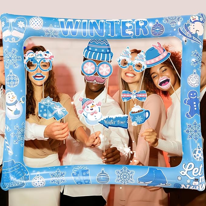 Winter Photo Booth Props Inflatable Frame, 30Pcs Winter Wonderland Photo Props with Inflatable Picture Frame Large for Frozen Holiday Party Selfie Supplies