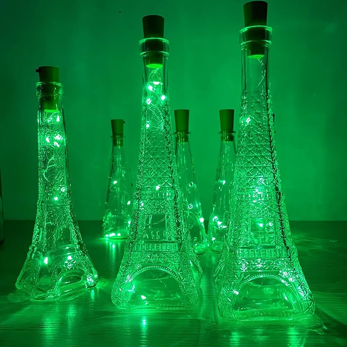 Wine Bottle Lights with Cork 15Pack 10 LED 40 Inches Battery Operated Silver Wire Liquor Fairy Mini String Lights for Party Christmas Halloween Wedding Decoration (Green)