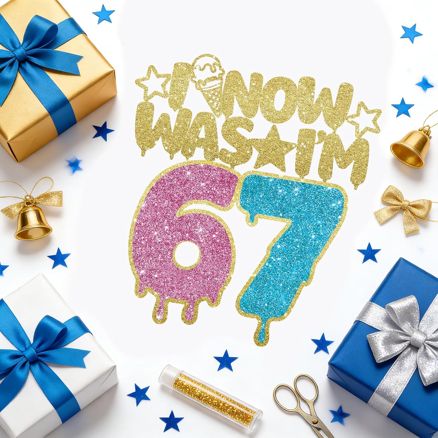 I WAS 6 NOW I'M 7 Cake Topper, 6 7 Birthday Decorations Cake Decor for Boy Girl 7 Years Old, Pink+Blue