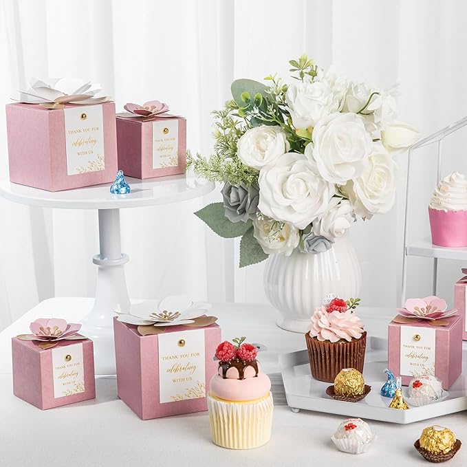 FEIYI 20 PCS Dusty Rose Gift Boxes, 3 In 1 Favor Boxes with Floral Decor, White Thank You Tags Cupcake Containers Gift wrapping for Wedding, Baby Shower, Birthday, Decorations Party - 3.55x3.55x3.55