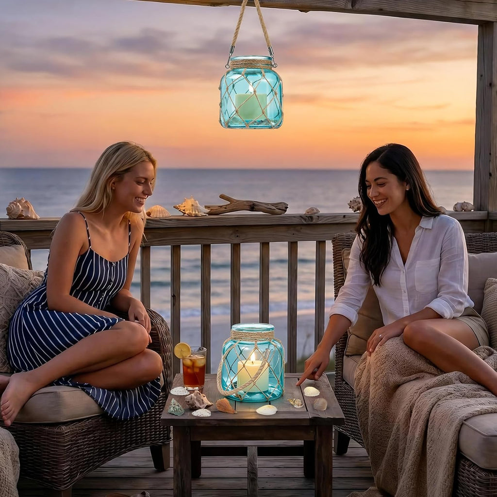 2 Set of Nautical Candle Lanterns, Coastal Beach Decor Blue Glass Jars with Rope Handle, Flameless LED Candles and Sea Shells for DIY Room Centerpiece Bathroom Ocean Decoration