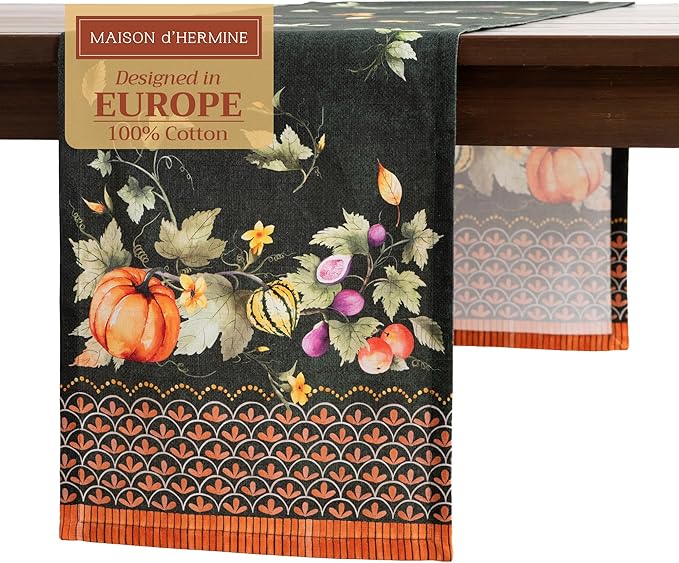 Maison d' Hermine Table Runner 100% Cotton Single Layer Table Runners 108 inches Long for Thanksgiving Christmas Decorations Home Kitchen Dining Wedding (Pumpkin Garden - Dark Green, 14.5" x 108")