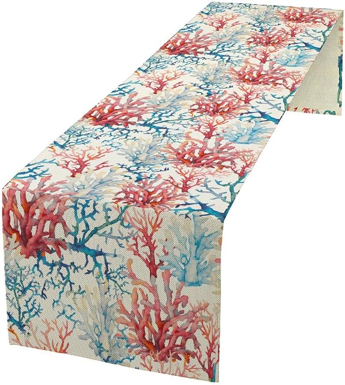 Blue Beach Table Runner, Tropical Ocean Coast Table Runner, Seashell Seasonal Nautical Restaurant Coffee Table Decorations for Home Holiday Party Indoor Outdoor 13x120 Inch