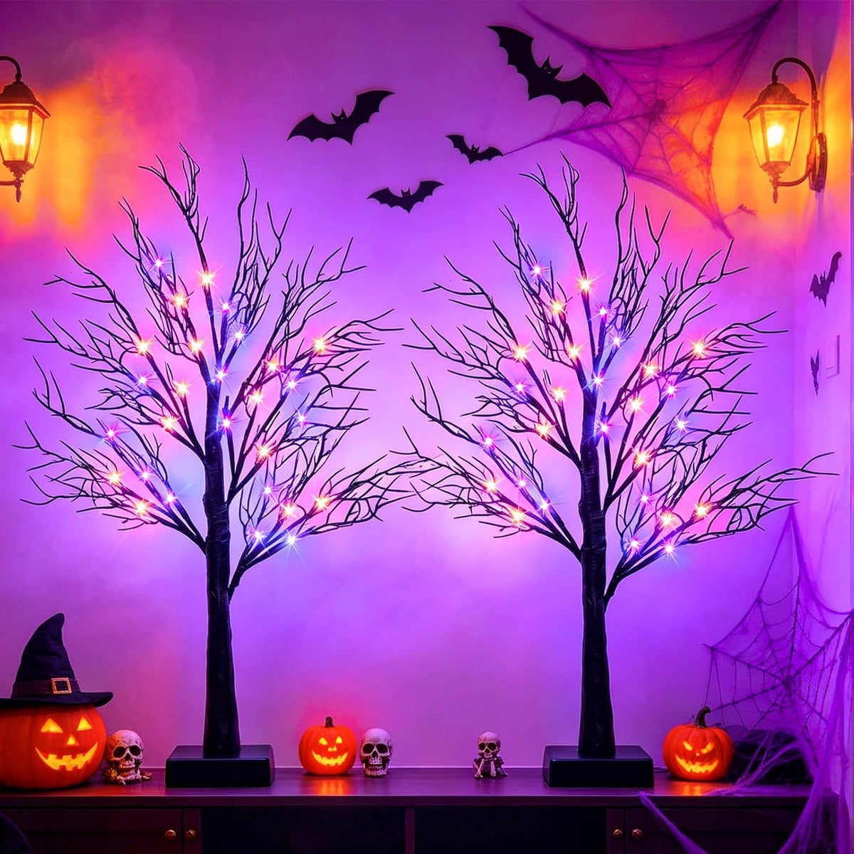 Halloween Decorations Indoor, 2 Pack 26 Inch Black Halloween Tree Set, 56 Ora...