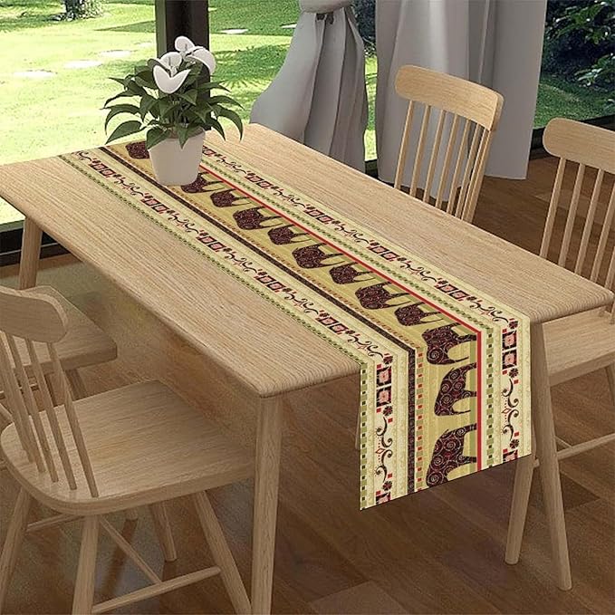 Boho Elephant Table Runner, Vintage Tribal Traditional Bohemian African Animals Ethnic Folk Table Center Decor for Home Kitchen Dining Patio Holiday Party Indoor Table Decorations, 13"x72" Inch