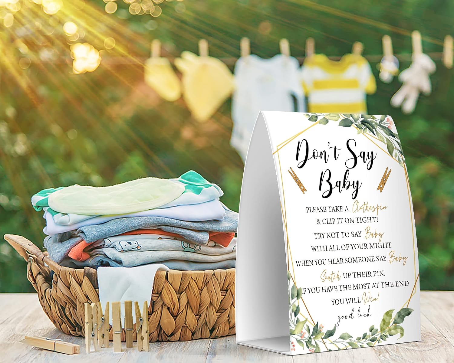Don't Say Baby Set - One 5x7 Sign and 50 Mini Clothespins, Baby Shower Games, Baby Shower Decoration, Gender Neutral Baby Shower - MsJb013